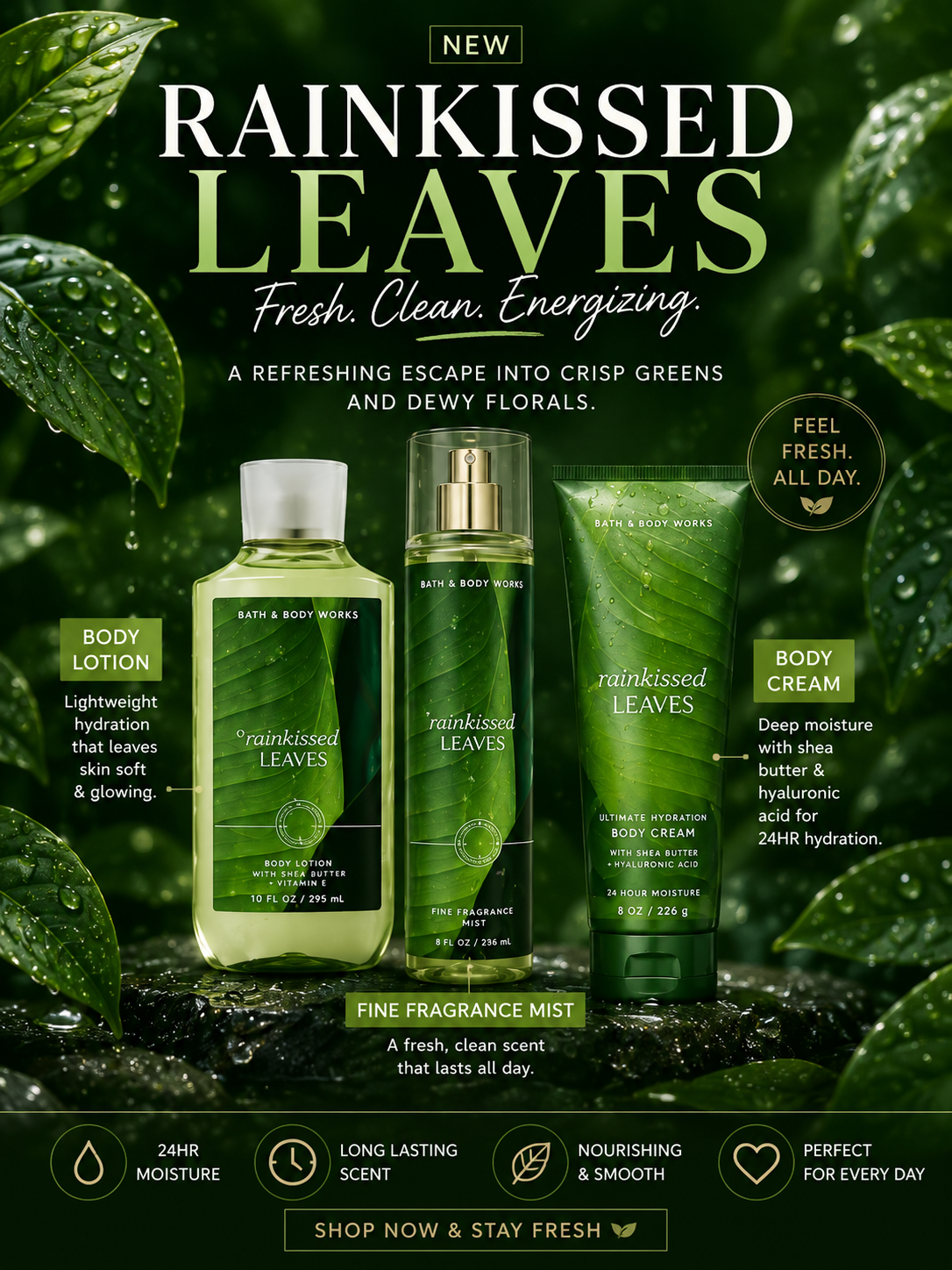 Rain kissed leaves bath & body works trio