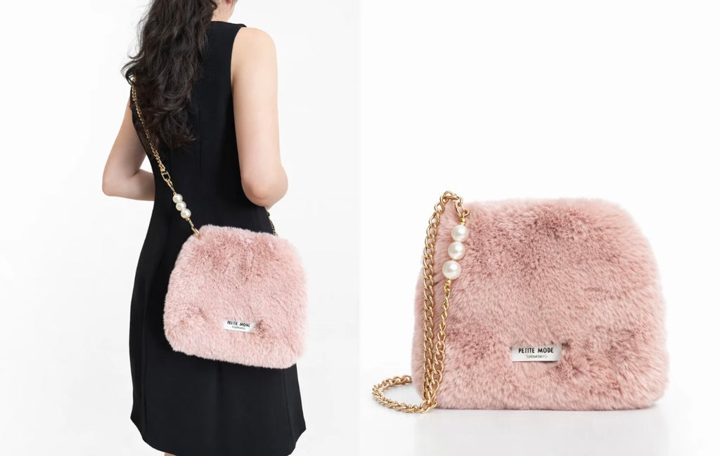 Pink fuzzy pearl chain chain crossbody